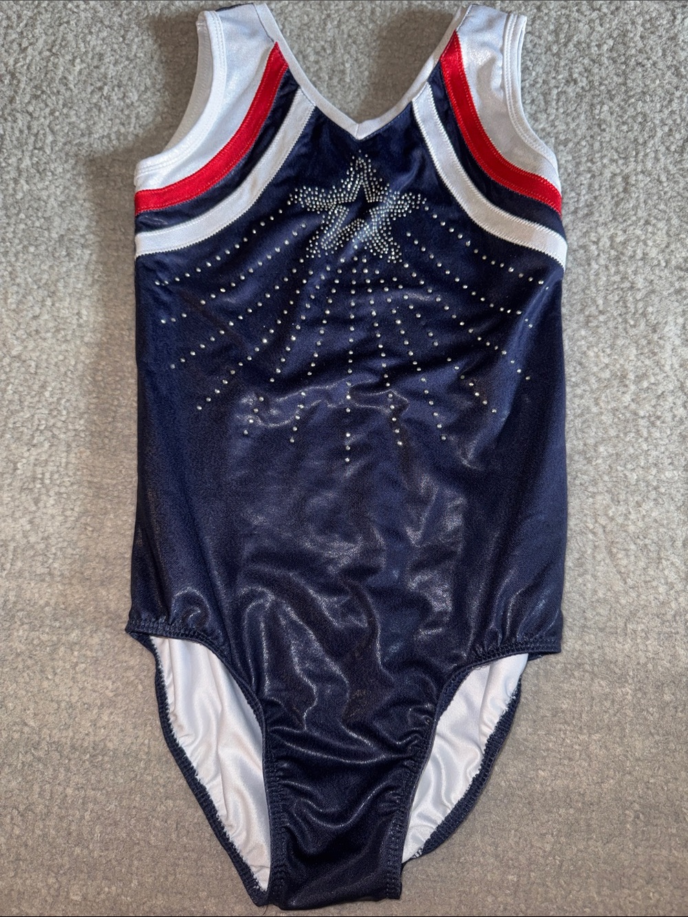 Girls Navy silver studs Star Gymnastics Leotard with Red & White Accents